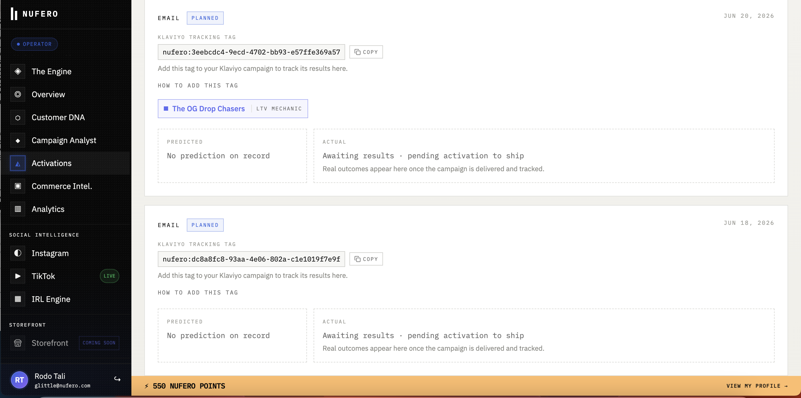Campaign activations with Klaviyo tracking tags and predicted versus actual results