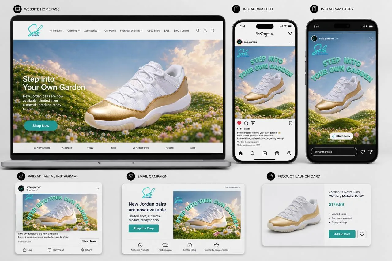 Sole Garden campaign system: website, Instagram feed and story, paid ad, email, and product launch card